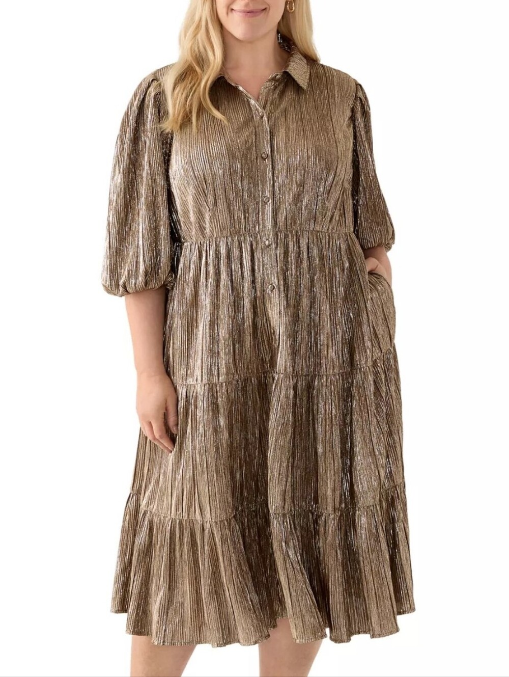 crown & ivy Metallic Pleated Tiered Shirt Dress - Shimmery Taupe